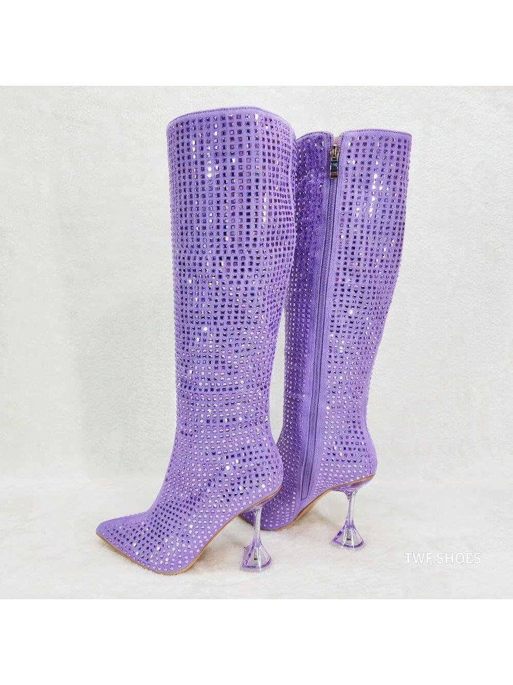 Glamour Shot Mirror Rhinestone Tinted 4" Pyramid Heel Knee Boots Lilac Purple